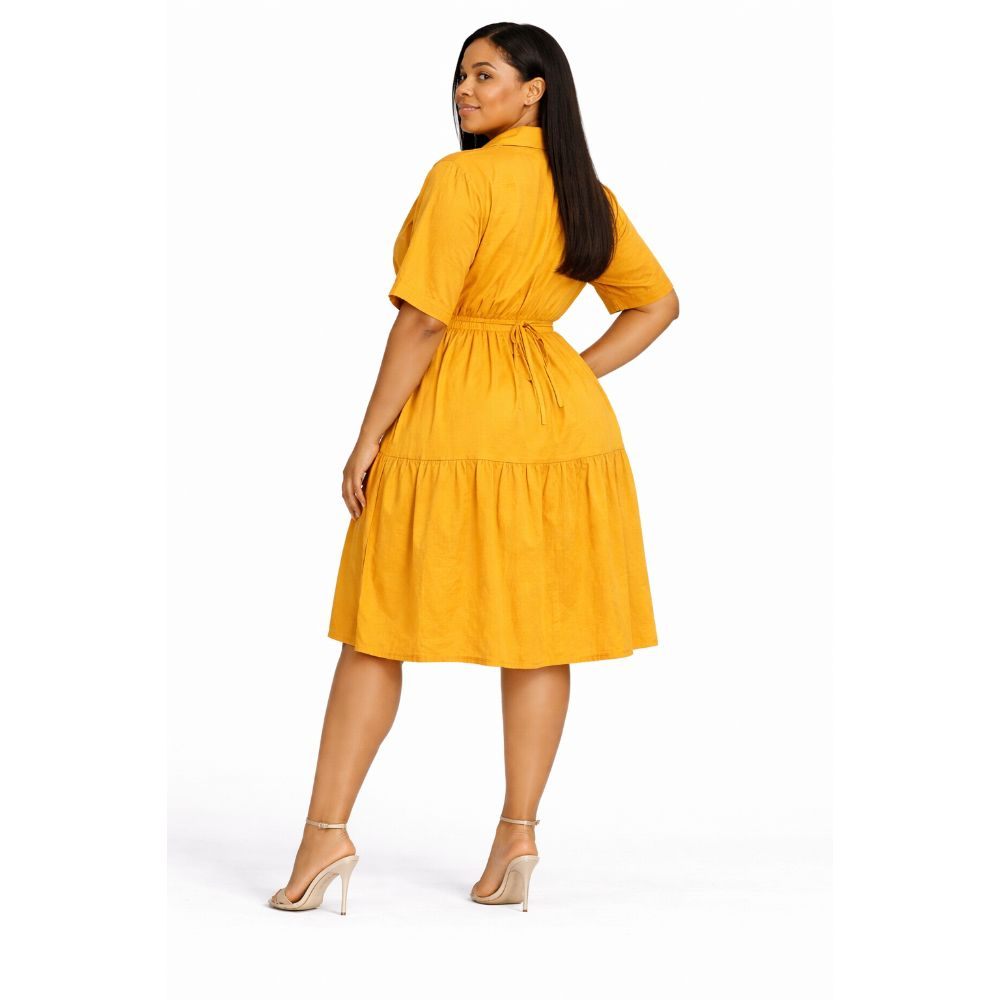 Womens Short Sleeve Button Front Shirt Dress with Drawstring Waist